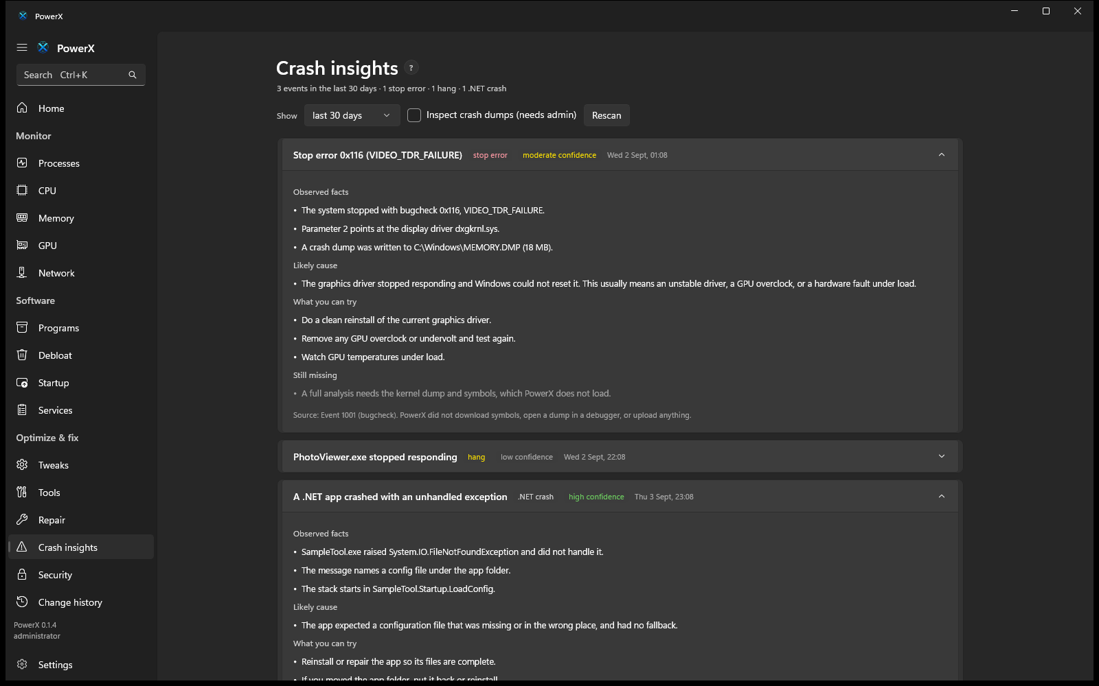 The PowerX Crash insights page: a list of recent crashes and hangs, each expandable into observed facts, a likely cause, a confidence level, what to try, and what is still missing.