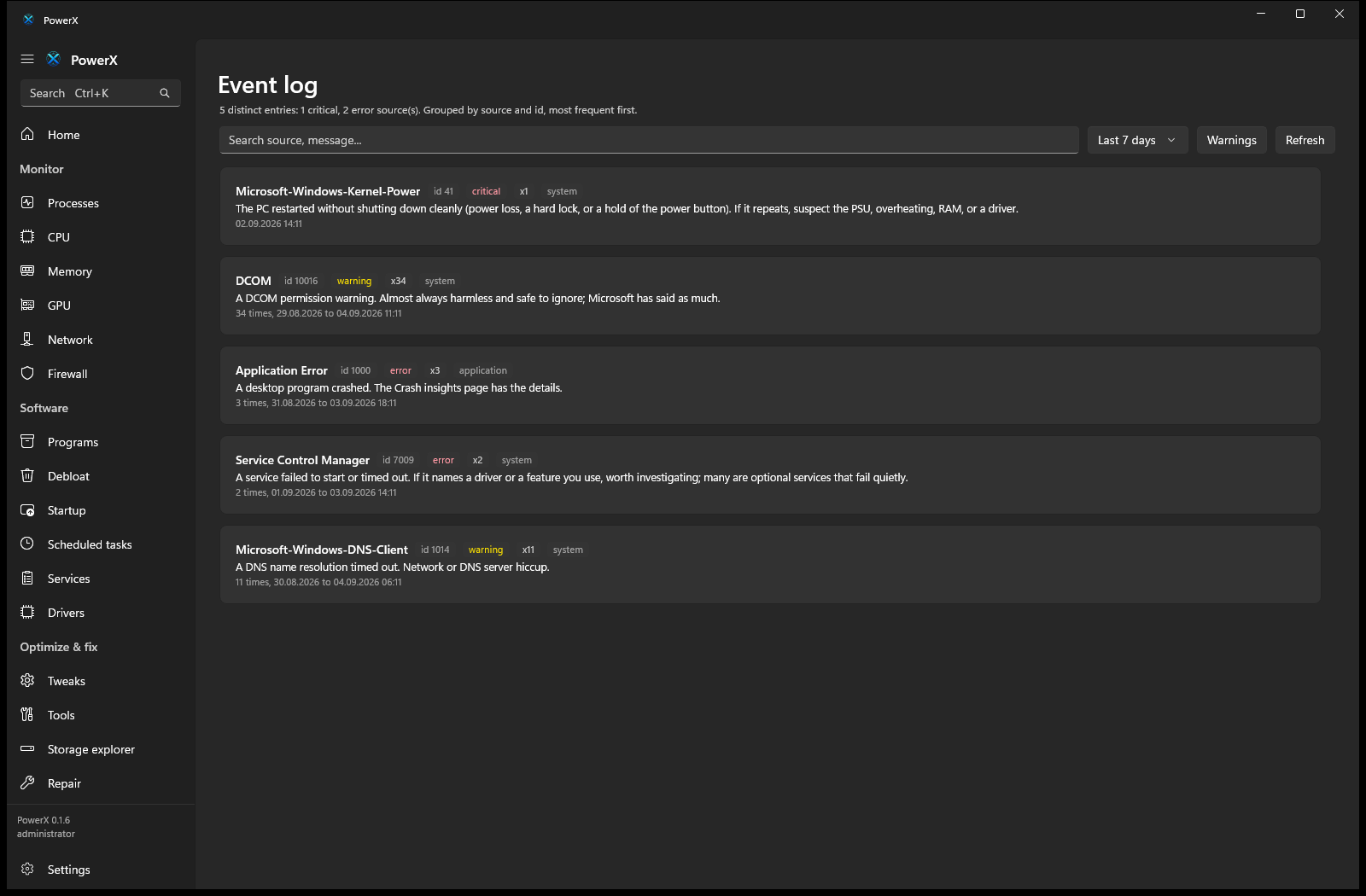 The PowerX Event log page: recent errors and warnings grouped by source and id, each with a count, a date range and a plain-language explanation.