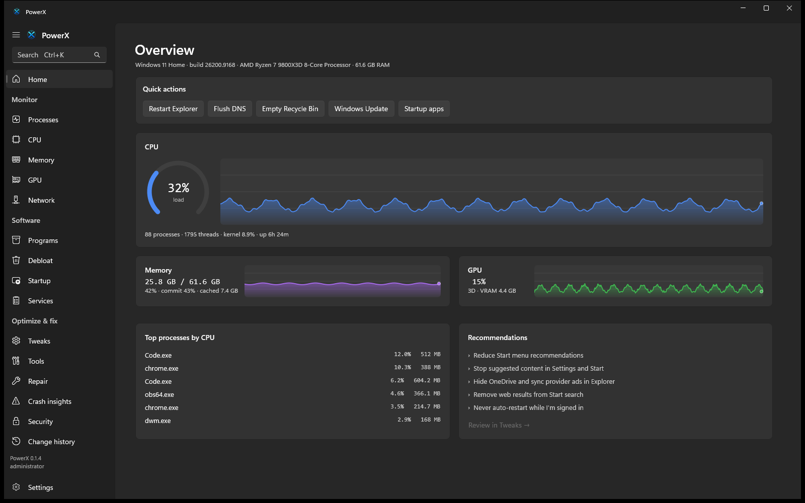 The PowerX Overview page: a ring gauge and history chart for CPU load, compact bars for memory and GPU, a quick-actions row, a top-processes list and a recommendations panel.