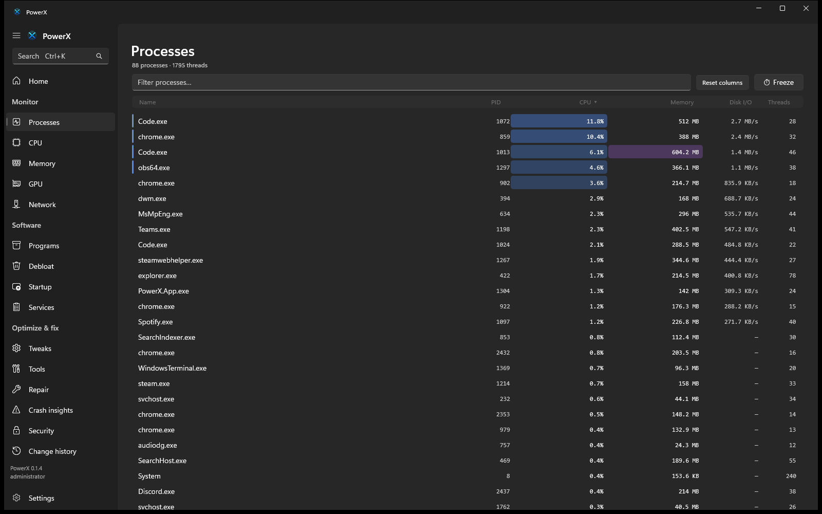 The PowerX Processes page: a dense table of processes with resizable columns for PID, CPU, working set, private bytes, I/O rate, threads and handles; the heaviest rows are tinted and carry a coloured hog bar.