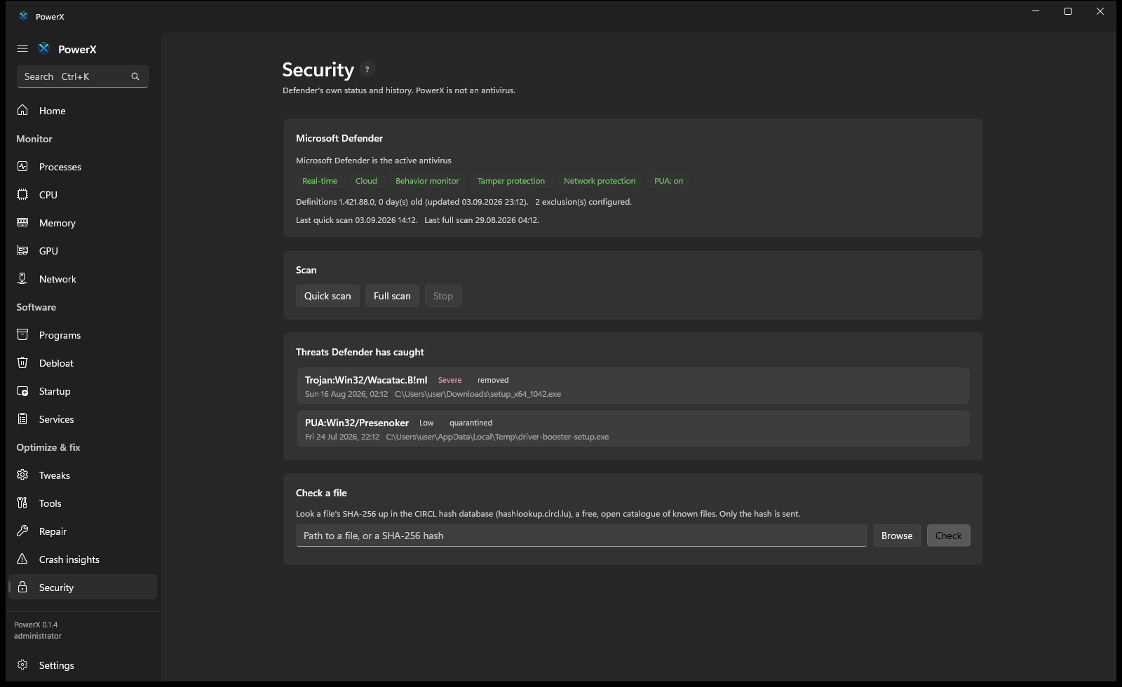 The PowerX Security page: Microsoft Defender's protection state, the threats it has caught with dates and severity, quick and full scan buttons, and a box to check a file's hash against an open database.