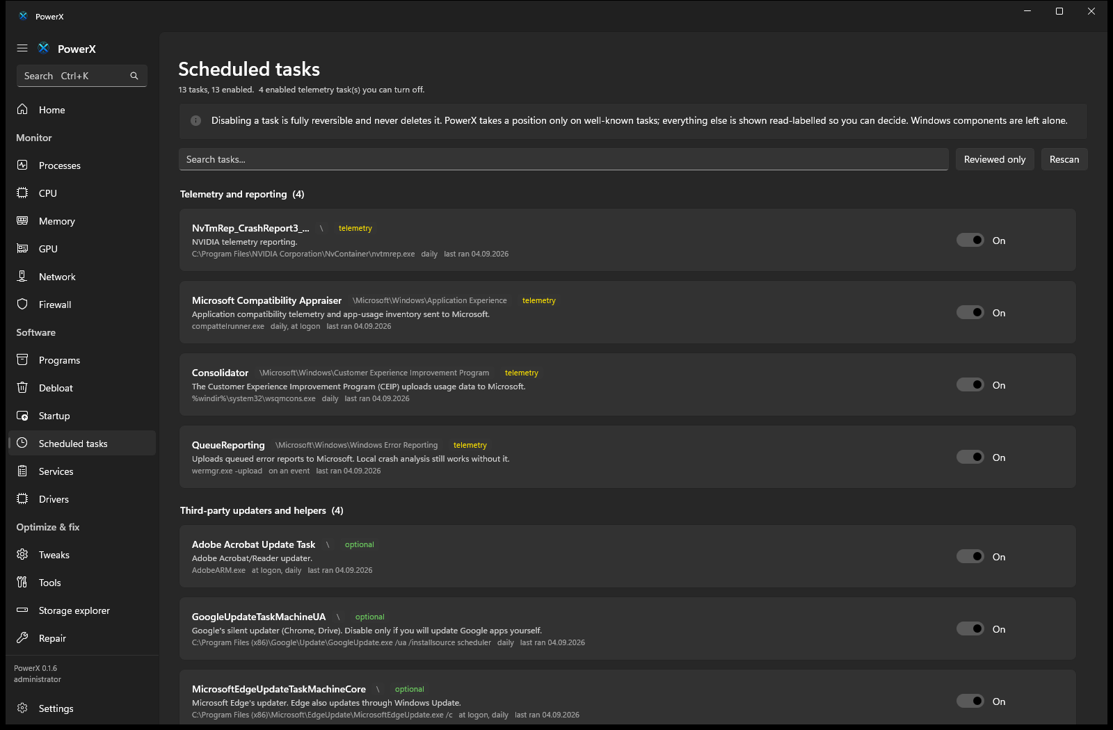 The PowerX Scheduled tasks page: tasks grouped as telemetry and reporting, third-party updaters, and Windows components, each with a short note and an on/off switch.