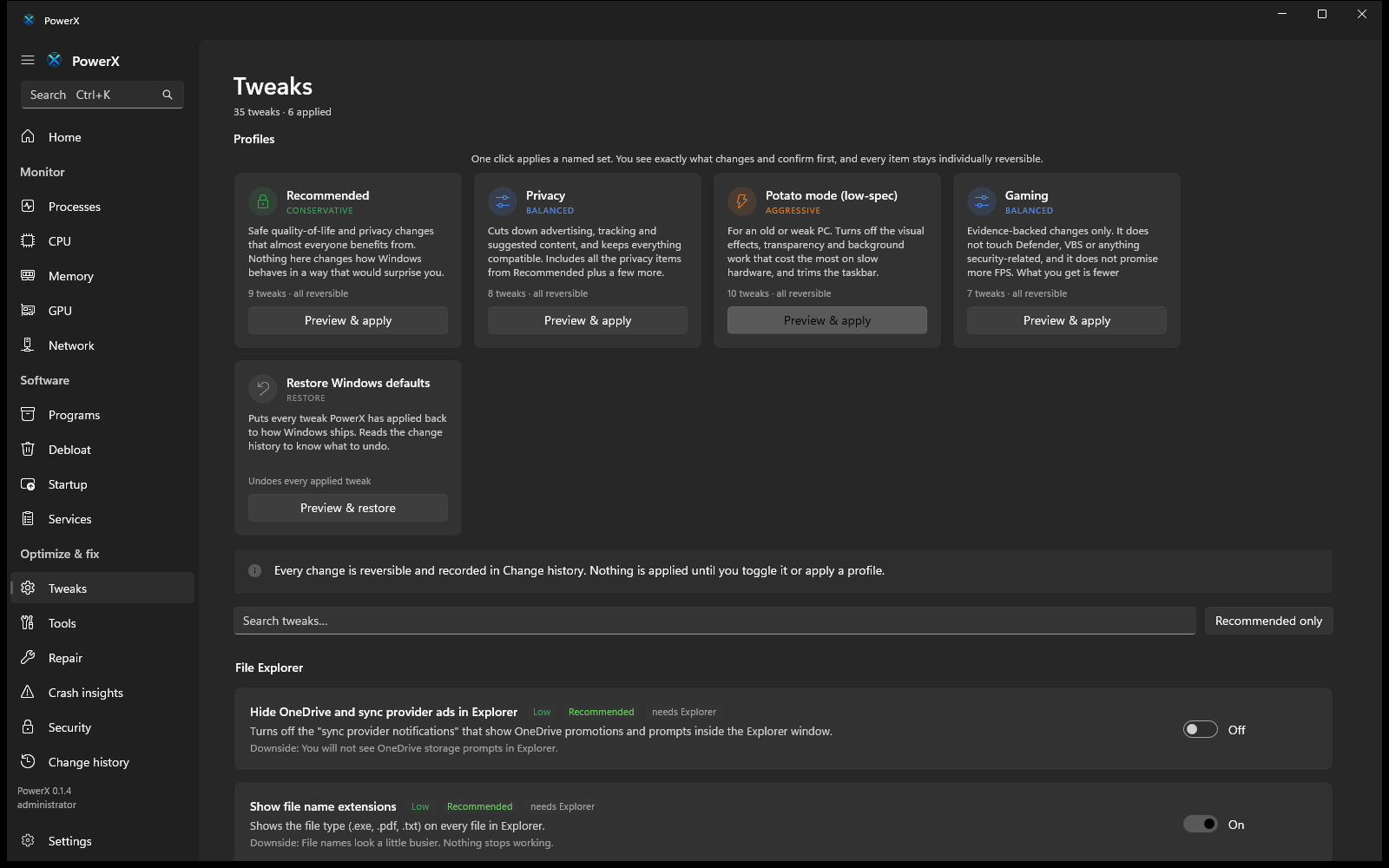The PowerX Tweaks page: profile cards for Recommended, Privacy, Potato mode, Gaming and Restore defaults, above a searchable list of individual tweaks with risk labels and toggles.
